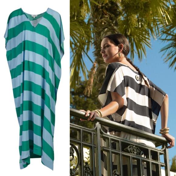 Haremlique a la Mer | Oblique Blue Green Evil Eye Striped Kaftan Maxi Coverup M - Picture 1 of 14